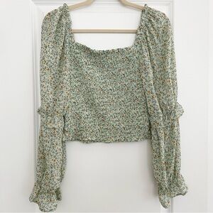 Floral Spring Smocked Green Blouse Flowy Sheer Long Sleeves - Boho Cottagecore